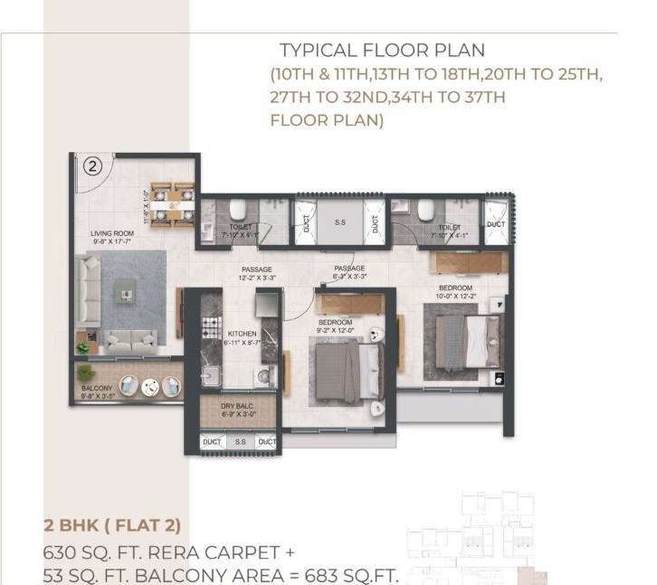 2 BHK Balcony Apartment 683 Sqft Floor Plan