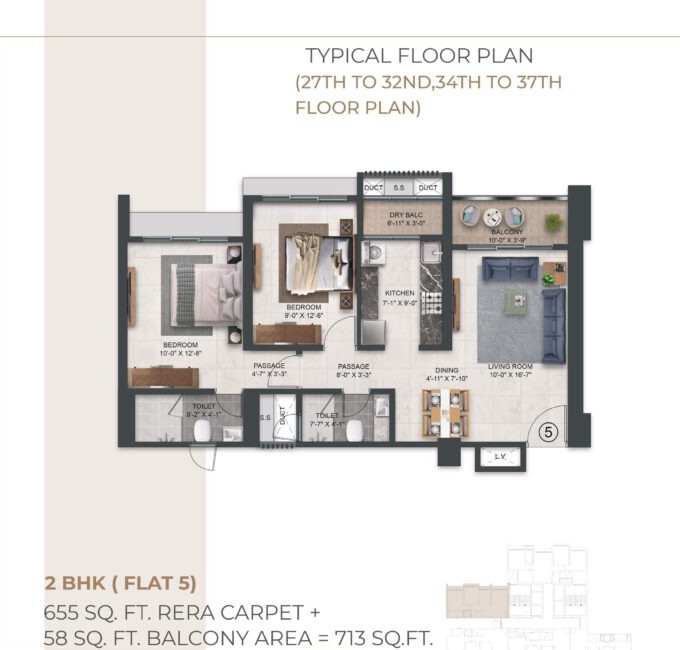 2 BHK Balcony Apartment 713 Sqft Floor Plan