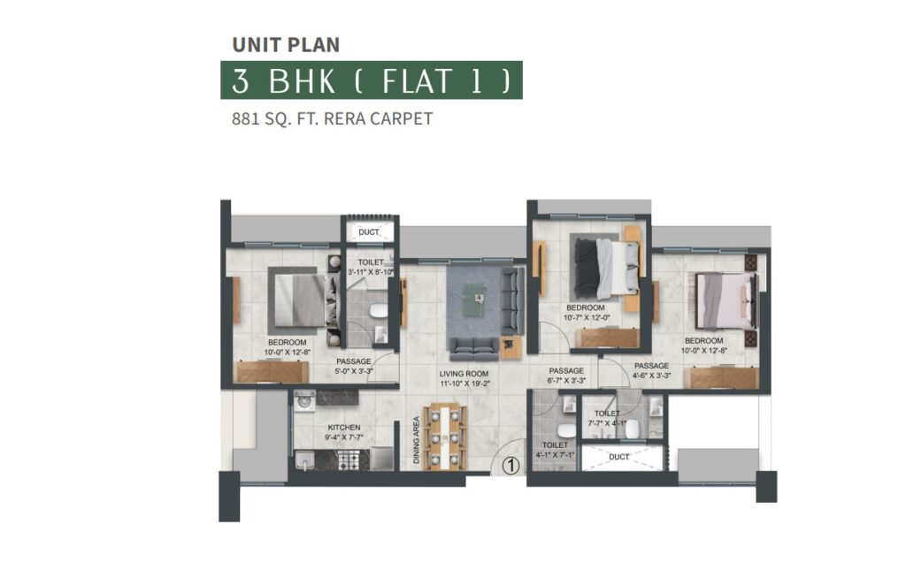 3 BHK Balcony Apartment 881 Sqft Floor Plan