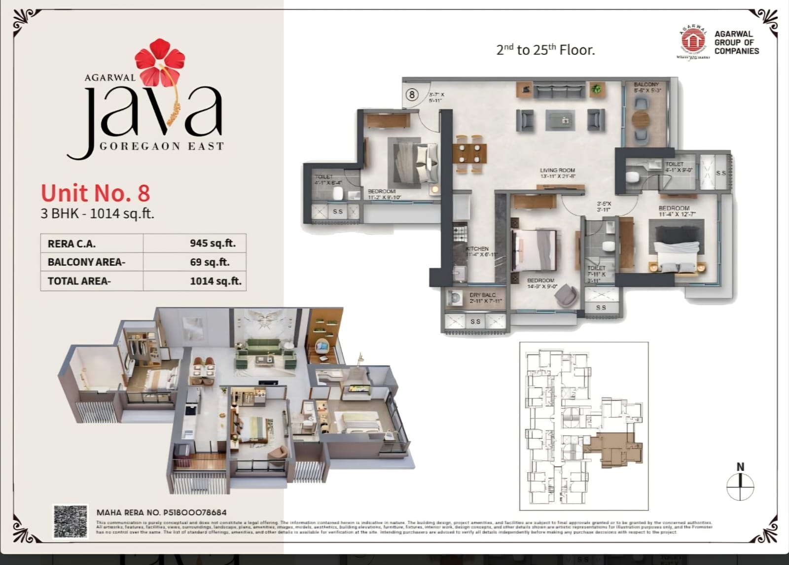 3 BHK Apartment 1014 Sqft Floor Plan