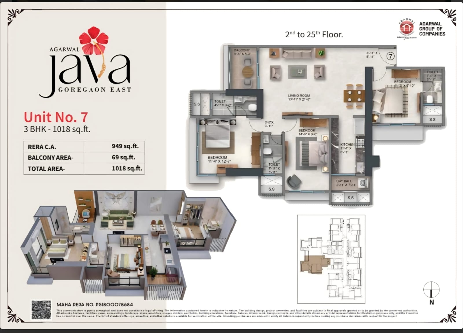 3 BHK Apartment 1018 Sqft Floor Plan